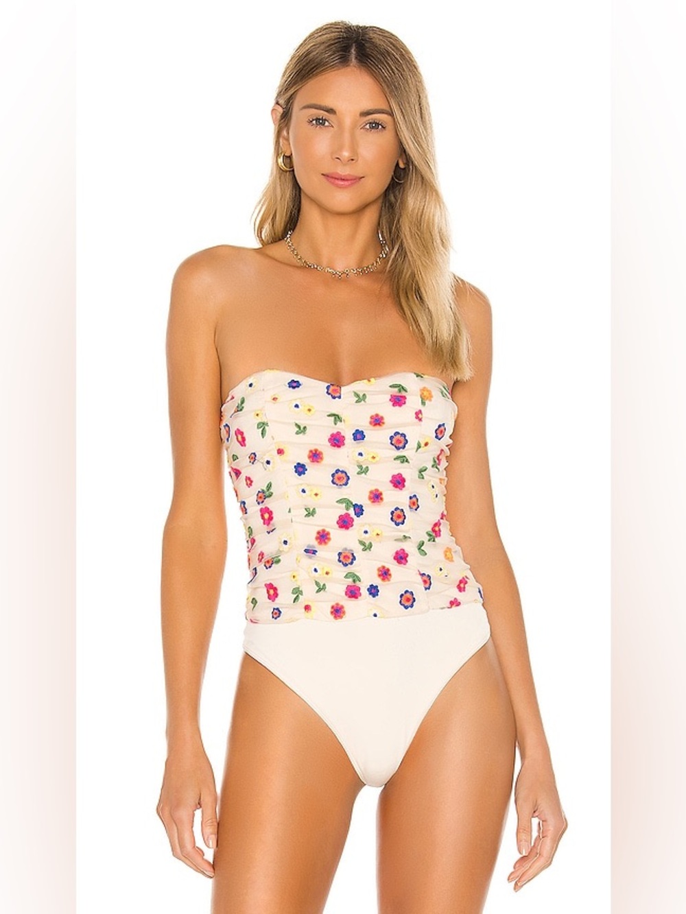 Lovers + Friends Youlanda Bodysuit Floral Embroidered Strapless Corset Neon S